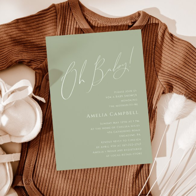 Whimsical Sage Green Oh Baby! Baby Shower Invitation