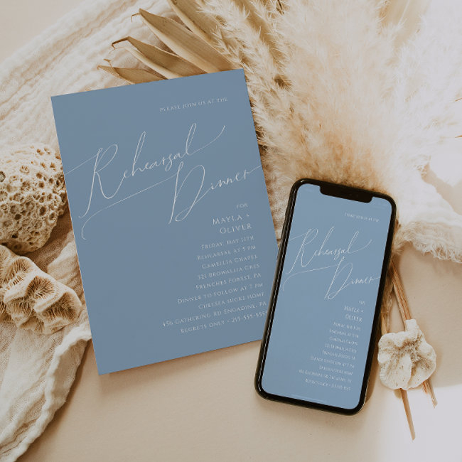 Whimsical Script | Dusty Blue Rehearsal Dinner Invitation