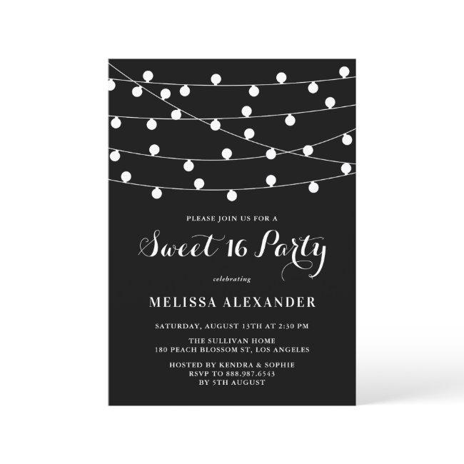 Whimsical String Lights Black Sweet 16 Party Invitation