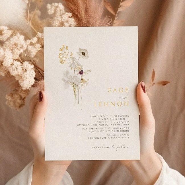 Whimsical Wildflower Bouquet | Gold Foil Invitation