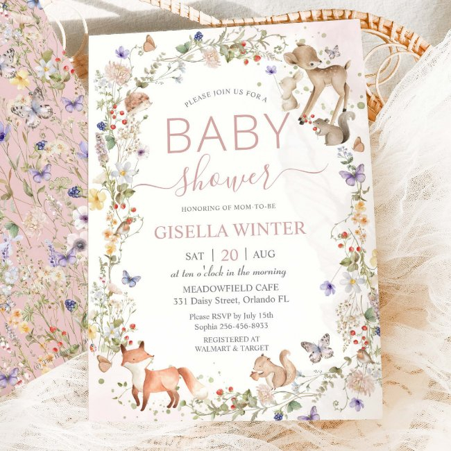 Whimsical Woodland Animals Wildflower Baby Shower Invitation