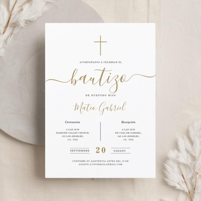 Whimsy Calligraphy Invitación De Bautizo Gold Invitation
