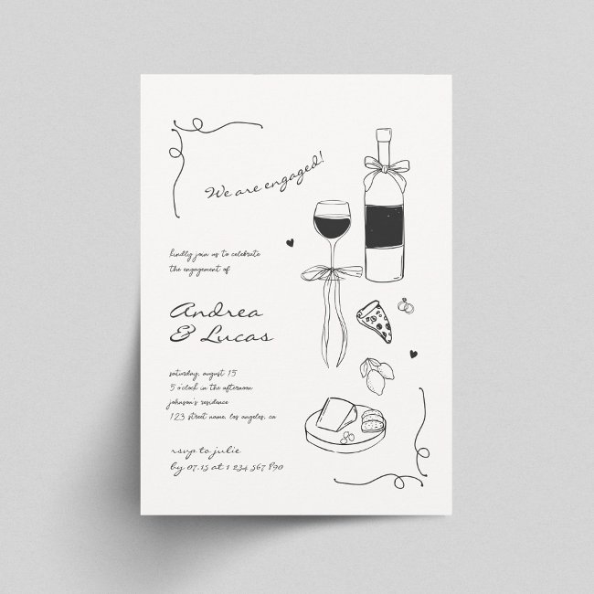 Whimsy Hand Drawn Love And Pizza Engagement Party Invitation