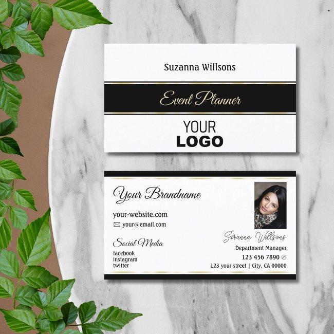White Black And Gold Stripes With Logo & Photo Business Invitations