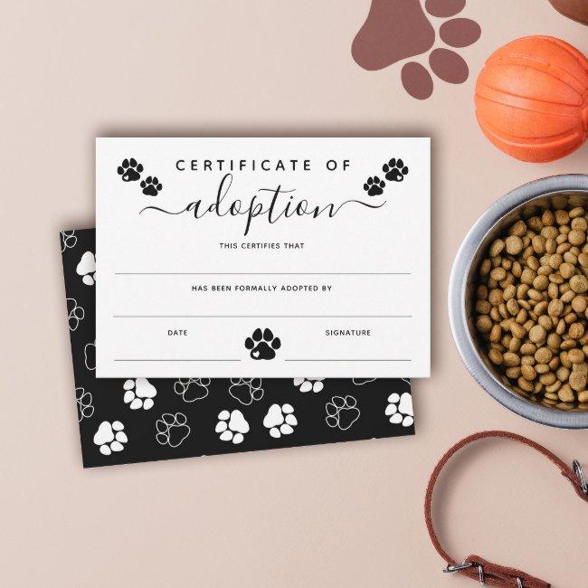 White Black Paw Prints Certificate Of Adoption