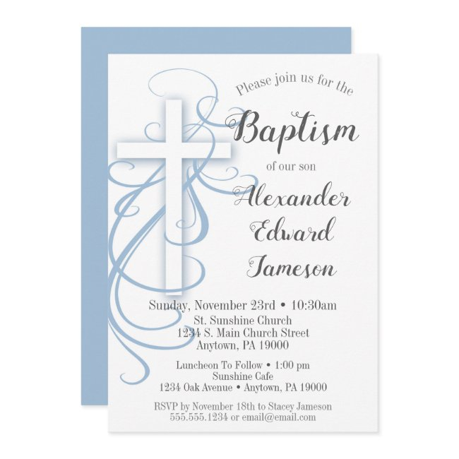 White Blue Swirl Cross Baptism Invitation Boys