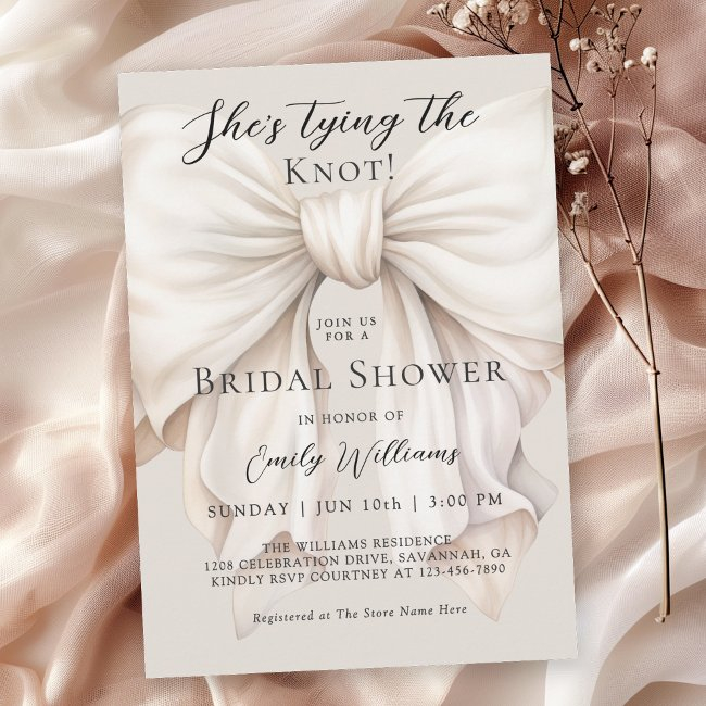 White Bow She's Tying The Knot Bridal Shower Invitation