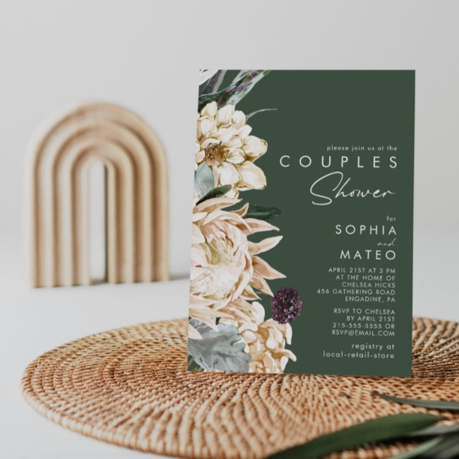 White Floral | Dark Green Couples Shower Invitation