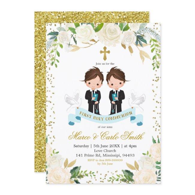 White Floral Twin Boy First Holy Communion Invitation