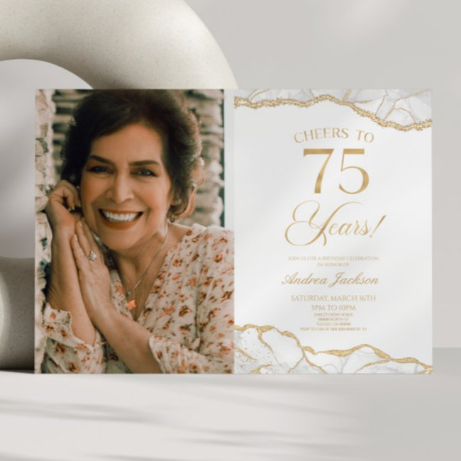 White Gold Agate Picture 75th Birthday Party Invitation