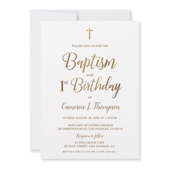 White Gold Cross Baptism 1st Birthday Invitation