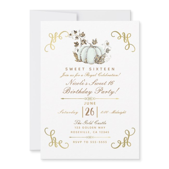 White & Gold Glitter Pumpkin Sweet 16 Party Invitation