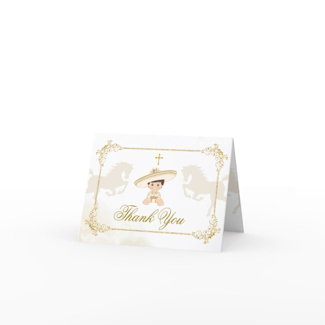 White Gold Mexican Boy Baptism & 1st Birthday Thank You Invitations