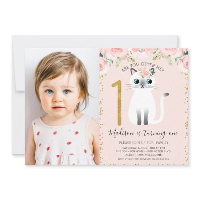 White Kitten Are You Kitten Me Photo 1st Birthday Invitation