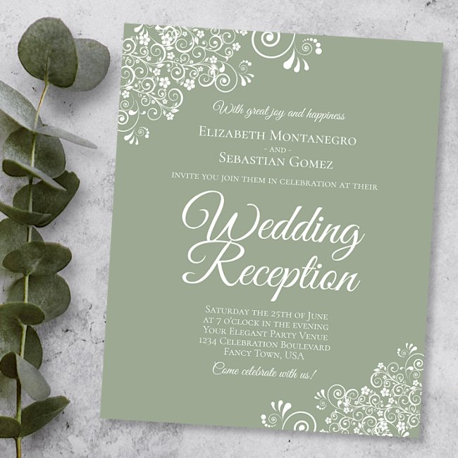 White Lace On Sage Budget Wedding Reception Invite