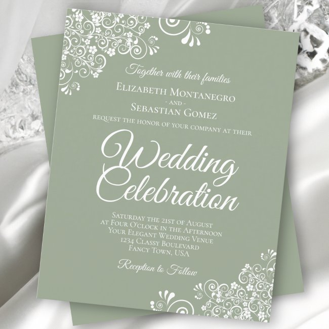 White Lace On Sage Green Budget Wedding Invitation