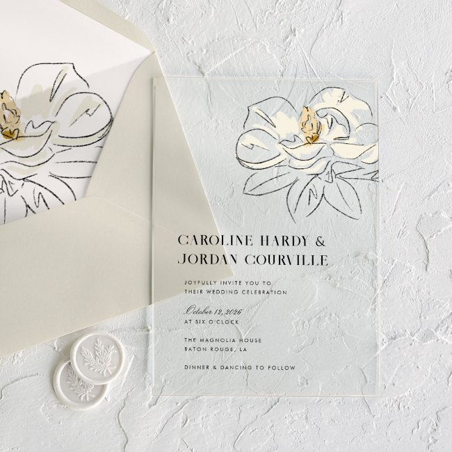 White Magnolia Illustration Modern Minimal Wedding Acrylic Invitations
