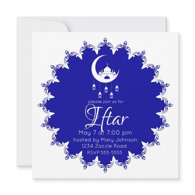 White Mosque In Crescent Moon Fanous Ramadan, Blue Invitation