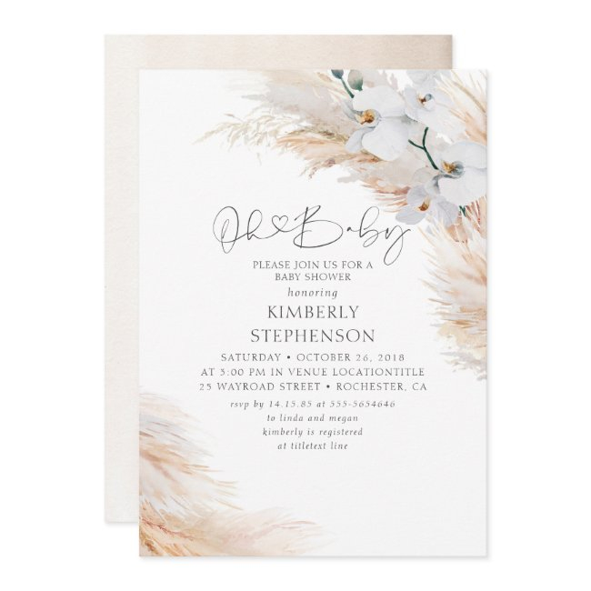 White Orchids Pampas Grass Oh Baby Shower Invitation