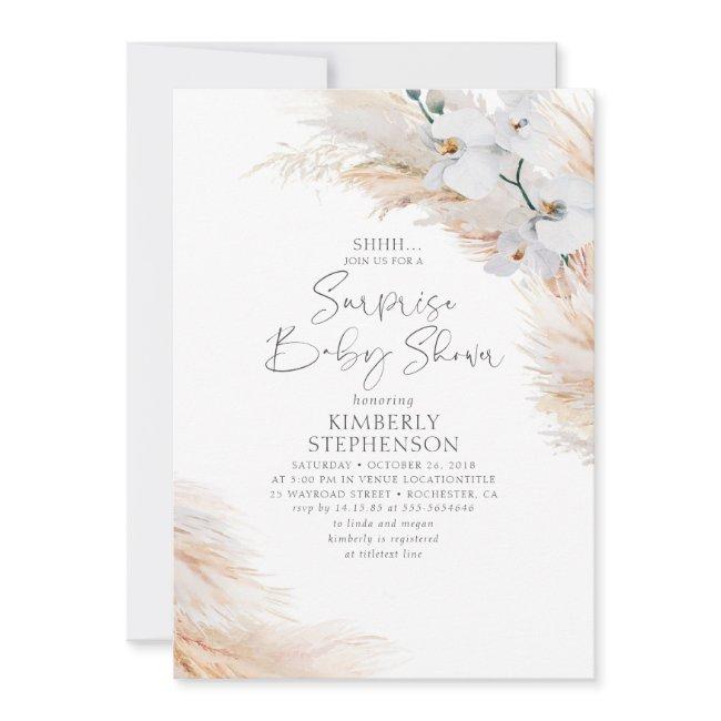 White Orchids Pampas Grass Surprise Baby Shower Invitation