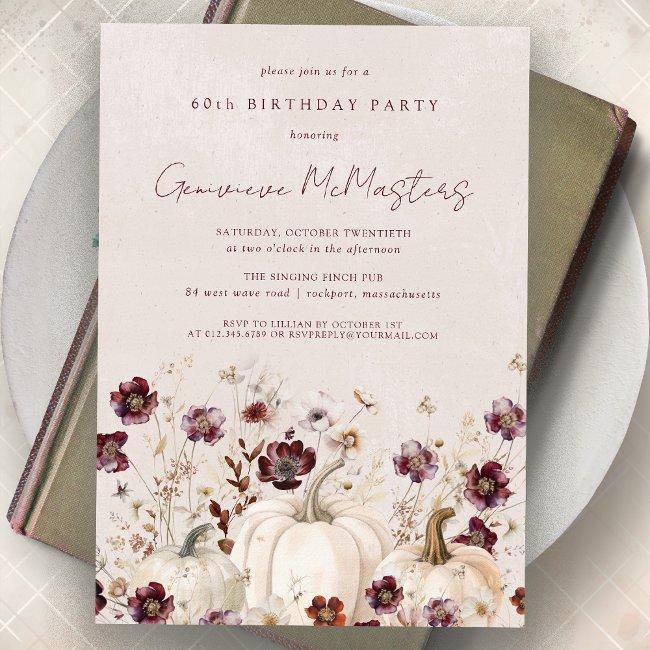 White Pumpkin Burgundy Wildflower 60th Birthday Invitation