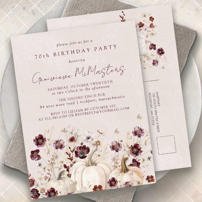 White Pumpkin Burgundy Wildflower 70th Birthday Invitation Postinvitations