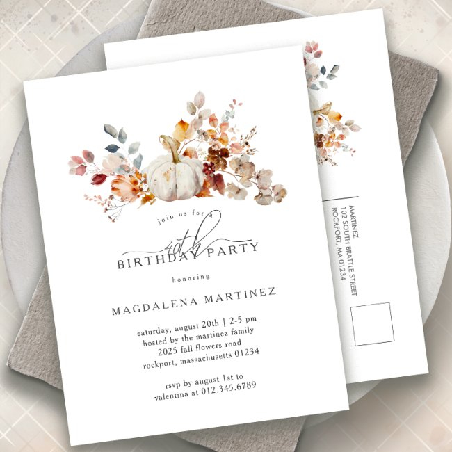 White Pumpkin Fall Flowers 40th Birthday Party Invitation Postinvitations