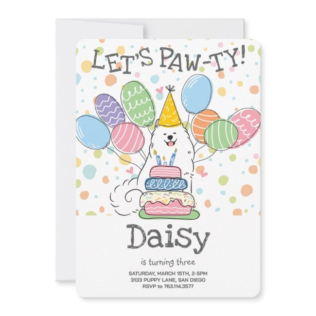 White Samoyed Dog Birthday Party Invitation