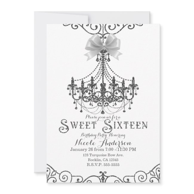 White & Silver White Bow Chic Sweet 16 Sixteen Invitation