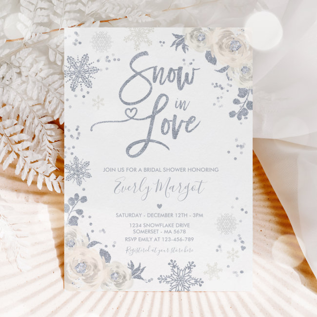 White & Silver Winter Bridal Shower Snow In Love Invitation