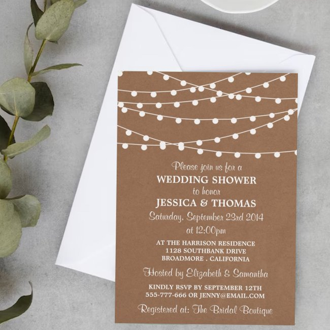 White String Lights On Rustic Kraft Wedding Shower Invitation