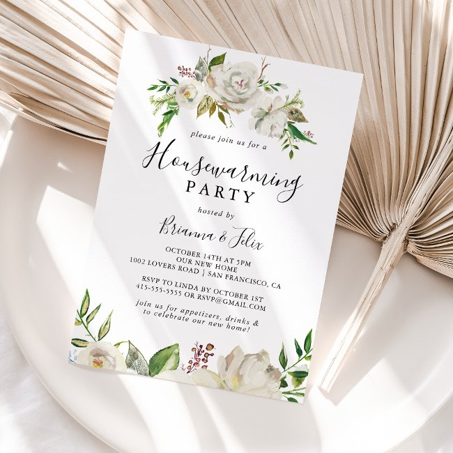 White Winter Peony Floral Housewarming Party Invitation