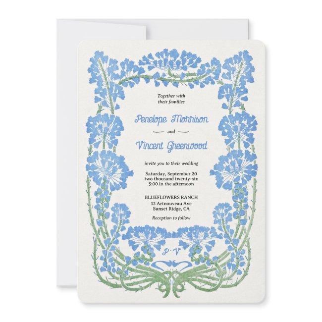 Wild Blue Flowers Letterpress Style Wedding Invitation