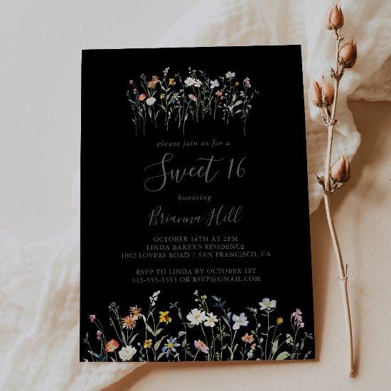 Wild Floral Black Sweet 16 Birthday Party Invitation