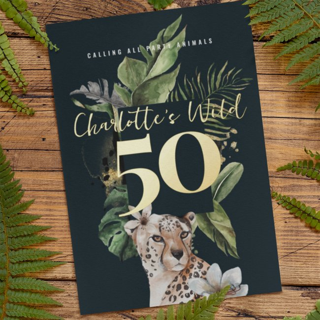 Wild Jungle Leopard 50th Birthday Party Foil Invitation