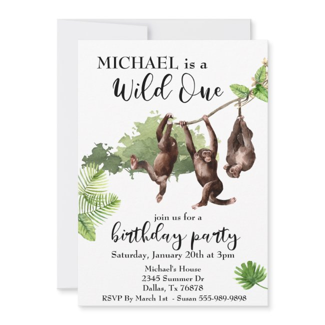 Wild One Jungle Watercolor Monkeys Invitation