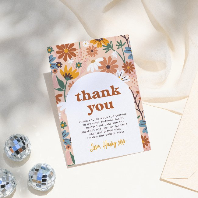 Wild One Retro Boho Wildflower 1st Birthday Party Thank You Invitations