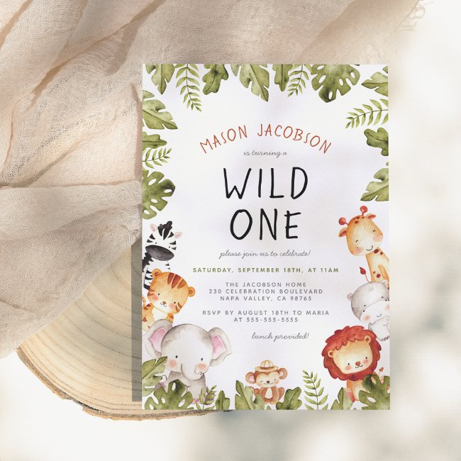 Wild One Safari Animals Boy Birthday Party Invitation