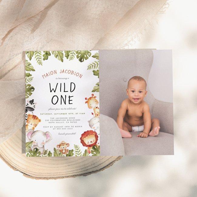 Wild One Safari Animals Boy Photo Birthday Party Invitation