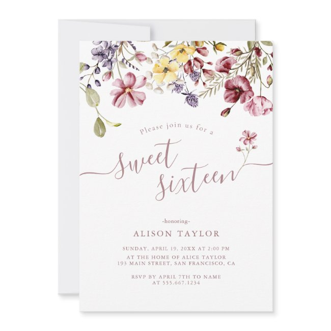 Wildflower Calligraphy Sweet Sixteen Birthday Invitation