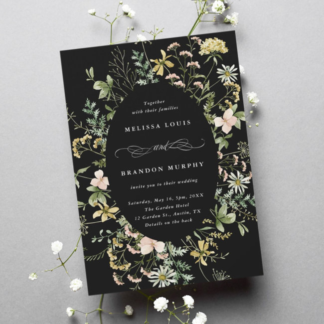 Wildflower Oval Frame Wedding Black Invitation