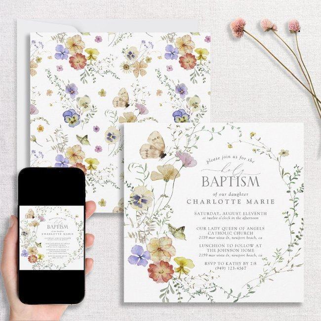 Wildflower Spring Summer Floral Watercolor Baptism Invitation