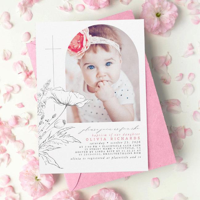 Wildflowers Hand-drawn Baptism Baby Girl Photo Invitation