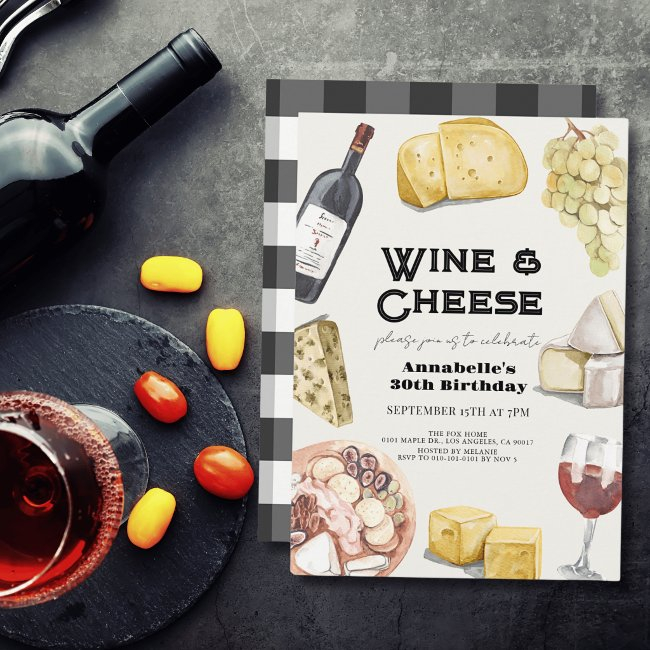 Wine & Cheese Charcuterie Gingham Adult Birthday Invitation