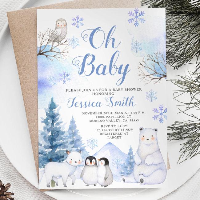 Winter Arctic Animal Mountain Baby Shower Invitation
