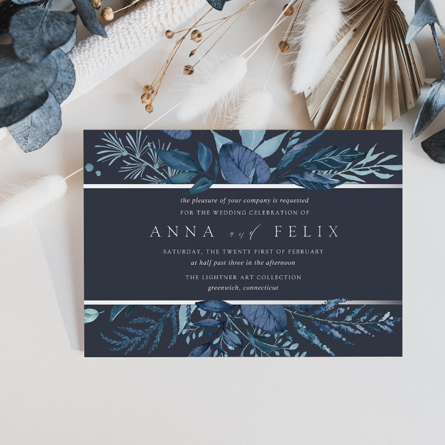 Winter Azure | Blue Botanical Wedding Foil Invitation