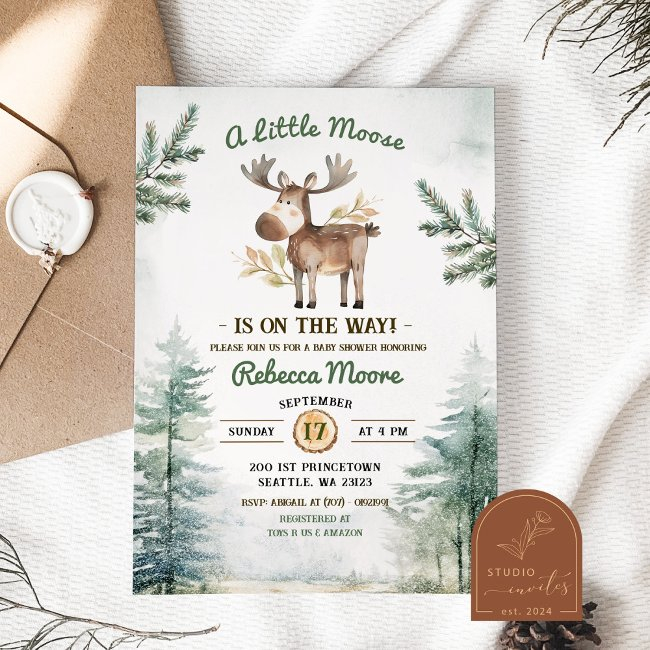 Winter Forest Moose Baby Shower Invitation