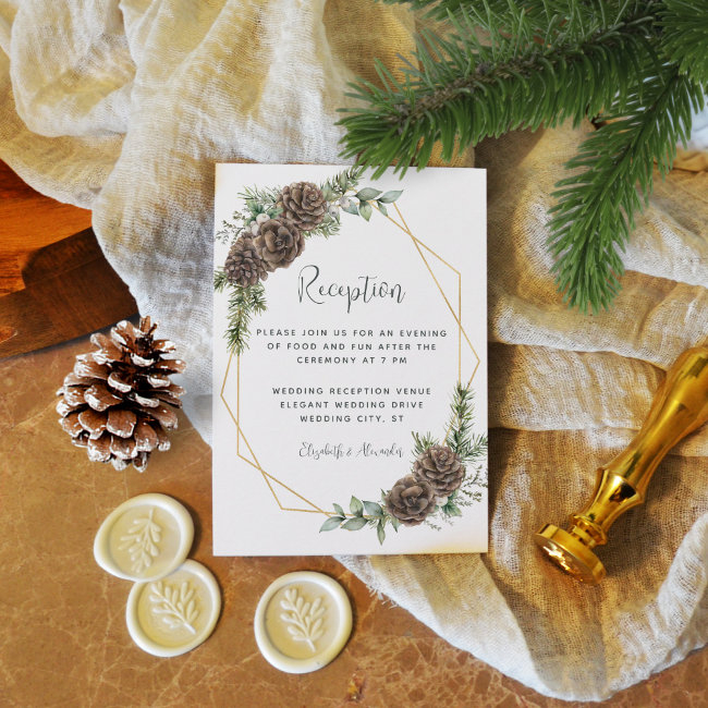 Winter Greenery Pine Cone Wedding Reception Enclosure Invitations