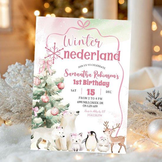 Winter Onederland Arctic Animal Girl 1st Birthday Invitation