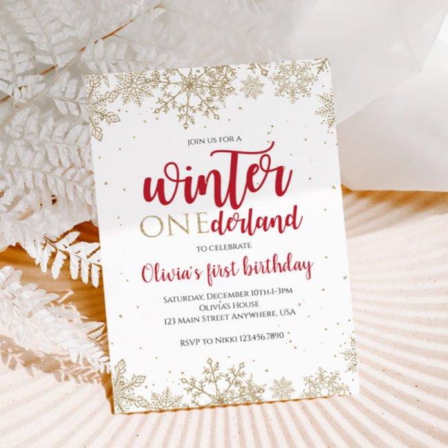Winter Onederland Red 1st Birthday Gold Snowflakes Invitation